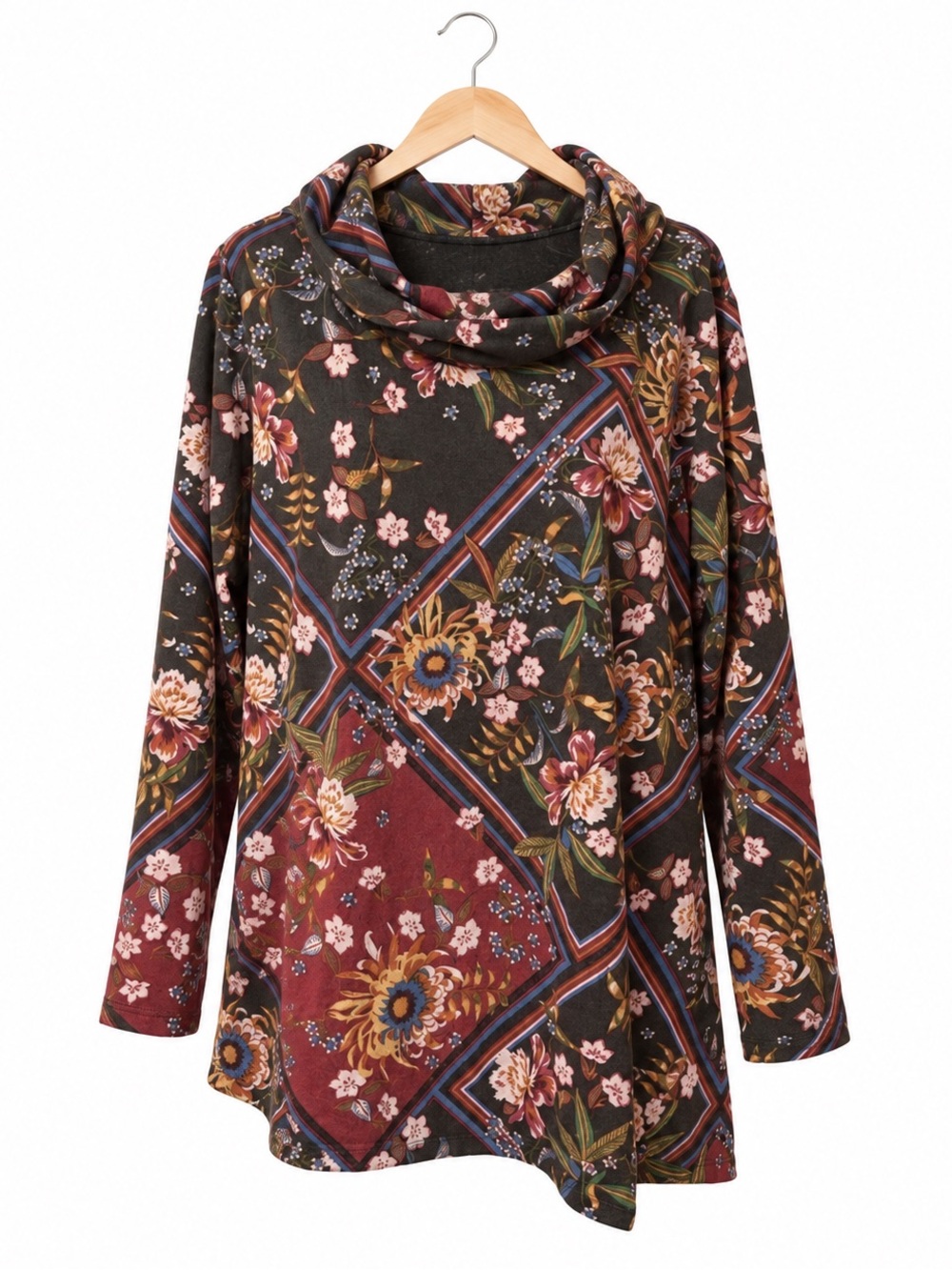 NWT Premise Studio Tunic Sweater Top 2X Cowl Neck floral Patchwork Cozy Plus